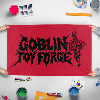 A mockup of the custom flag 'red gtf flag' held up on a table during print checking