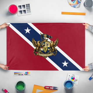 A mockup of the custom flag 'Fun With Flags' held up on a table during print checking