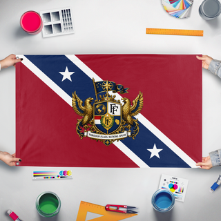 A mockup of the custom flag 'Fun With Flags' held up on a table during print checking