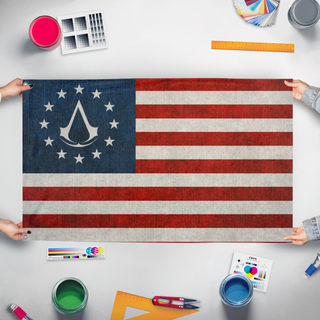 A mockup of the custom flag 'AC3merica flag' held up on a table during print checking