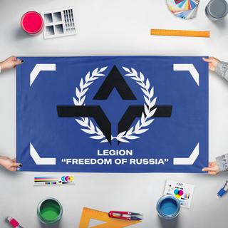 A mockup of the custom flag 'Legion of Free Russia flag' held up on a table during print checking