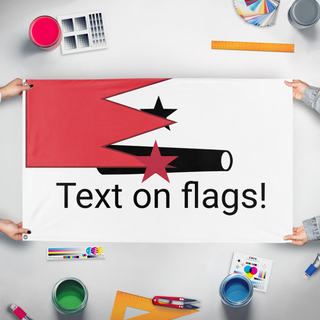 A mockup of the custom flag 'test flag' held up on a table during print checking