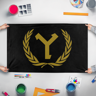 A mockup of the custom flag 'NUL flag' held up on a table during print checking