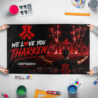 A mockup of the custom flag 'tharken flag' held up on a table during print checking