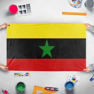 A mockup of the custom flag 'Melon flag' held up on a table during print checking