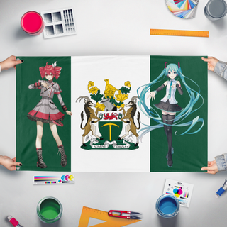 A mockup of the custom flag 'epic flag' held up on a table during print checking