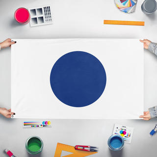 A mockup of the custom flag 'One World Flag' held up on a table during print checking
