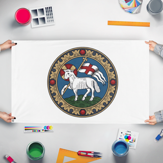 A mockup of the custom flag 'T flag' held up on a table during print checking