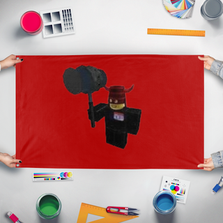 A mockup of the custom flag 'MrDoombringer flag' held up on a table during print checking