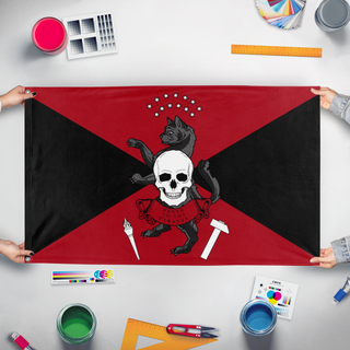 A mockup of the custom flag 'Anarchic Realm of Americana flag' held up on a table during print checking