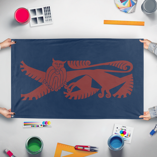 A mockup of the custom flag 'war ensign of the lukscar flag' held up on a table during print checking