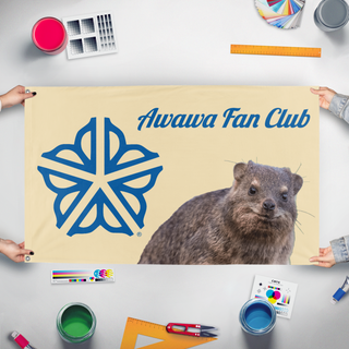 A mockup of the custom flag 'Awawa Fan Club flag' held up on a table during print checking