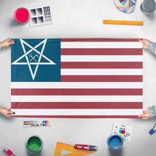 A mockup of the custom flag 'satanc america flag' held up on a table during print checking