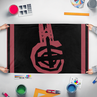 A mockup of the custom flag 'another flsg  flag' held up on a table during print checking