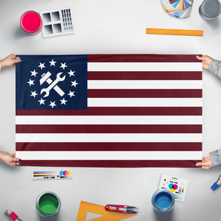 A mockup of the custom flag 'Union of America flag' held up on a table during print checking
