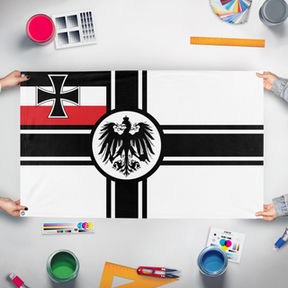 A mockup of the custom flag 'Kaiserreich flag' held up on a table during print checking