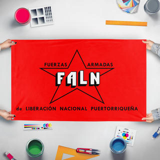 A mockup of the custom flag 'FALN flag' held up on a table during print checking