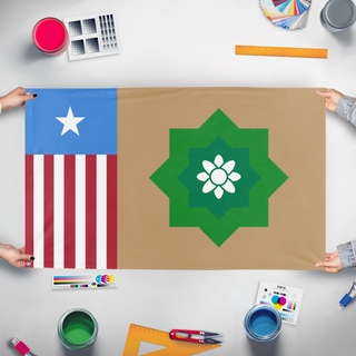 A mockup of the custom flag 'Family Flag' held up on a table during print checking