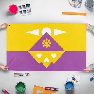 A mockup of the custom flag 'The Kingdom of Monsters... flag' held up on a table during print checking