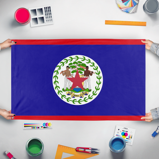 A mockup of the custom flag 'test flag' held up on a table during print checking