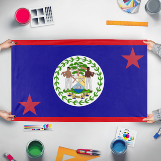 A mockup of the custom flag 'test flag' held up on a table during print checking