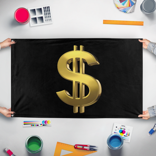 A mockup of the custom flag 'Dollar Sign flag' held up on a table during print checking