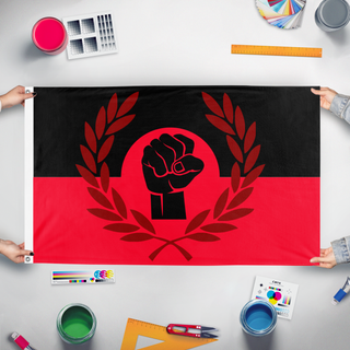A mockup of the custom flag 'Albanian Monarchist rebels' held up on a table during print checking