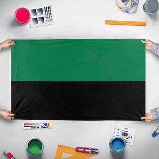 A mockup of the custom flag 'Neo-Judean flag' held up on a table during print checking