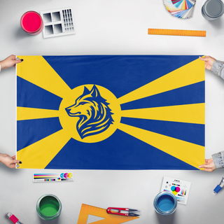 A mockup of the custom flag 'Gamemaster flag' held up on a table during print checking