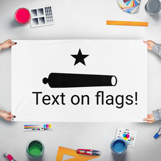 A mockup of the custom flag 'jo' held up on a table during print checking