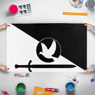 A mockup of the custom flag 'Pigeonic' held up on a table during print checking