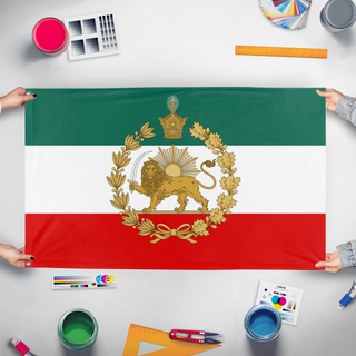 A mockup of the custom flag 'IIF' held up on a table during print checking