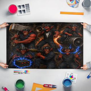A mockup of the custom flag 'Fiends' held up on a table during print checking