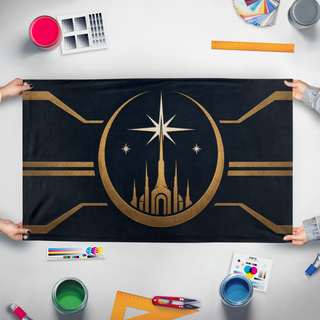 A mockup of the custom flag 'SW Mirial Flag' held up on a table during print checking