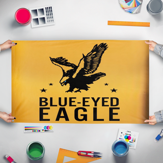 A mockup of the custom flag 'BEE flag' held up on a table during print checking