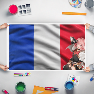 A mockup of the custom flag 'France Astolfo flag' held up on a table during print checking
