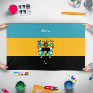 A mockup of the custom flag 'UnionFlagofNessia&Per flag' held up on a table during print checking