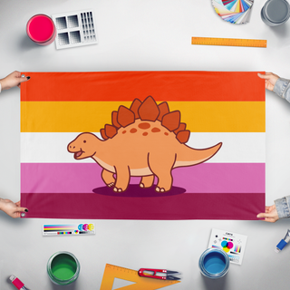 A mockup of the custom flag 'Lesbian Stegosaurus Pride flag' held up on a table during print checking