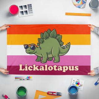 A mockup of the custom flag 'Lickalotapus Lesbian Pride flag' held up on a table during print checking