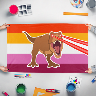 A mockup of the custom flag 'Lesbian Laser T-Rex Pride flag' held up on a table during print checking