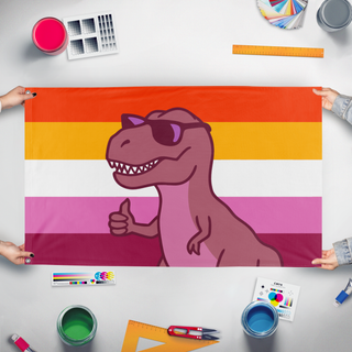 A mockup of the custom flag 'Lesbian Dinosaur Pride flag' held up on a table during print checking