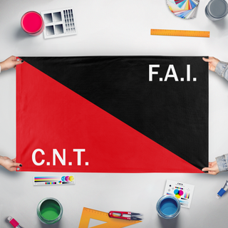 A mockup of the custom flag 'CNT-FAI flag' held up on a table during print checking