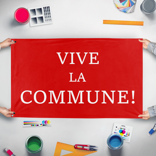 A mockup of the custom flag 'Viva La Commune flag' held up on a table during print checking