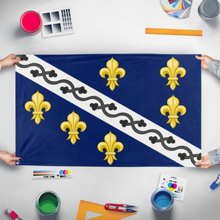 A mockup of the custom flag 'Kingdom of Bosnia flag' held up on a table during print checking