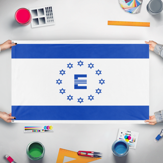 A mockup of the custom flag 'Israeli Enclave flag' held up on a table during print checking