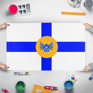A mockup of the custom flag 'Kingdom of savoir flag' held up on a table during print checking