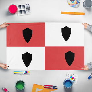 A mockup of the custom flag 'Carija flag' held up on a table during print checking