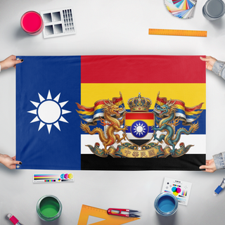 A mockup of the custom flag 'Imperial Republic of China flag' held up on a table during print checking