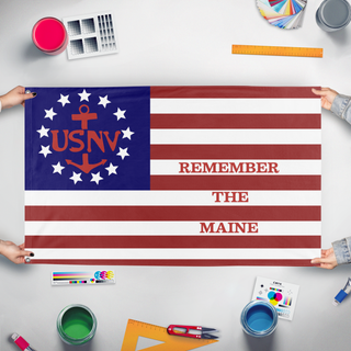 A mockup of the custom flag 'Remember the Maine US Navy flag' held up on a table during print checking