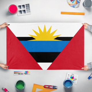 A mockup of the custom flag 'test flag' held up on a table during print checking